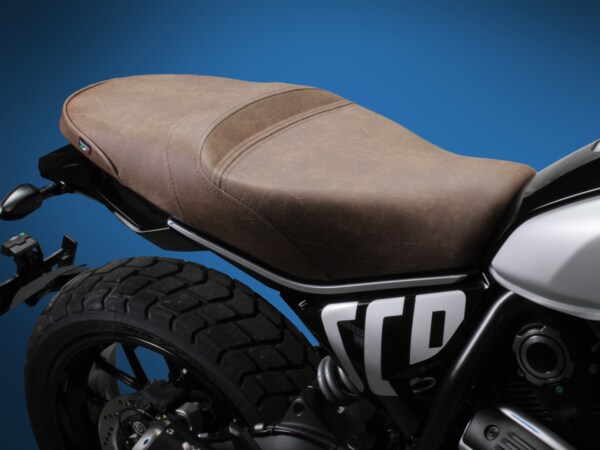 Sargent World Sport Motorcycle Seat for the Ducati Scrambler 2023+ in Vintage Brown.